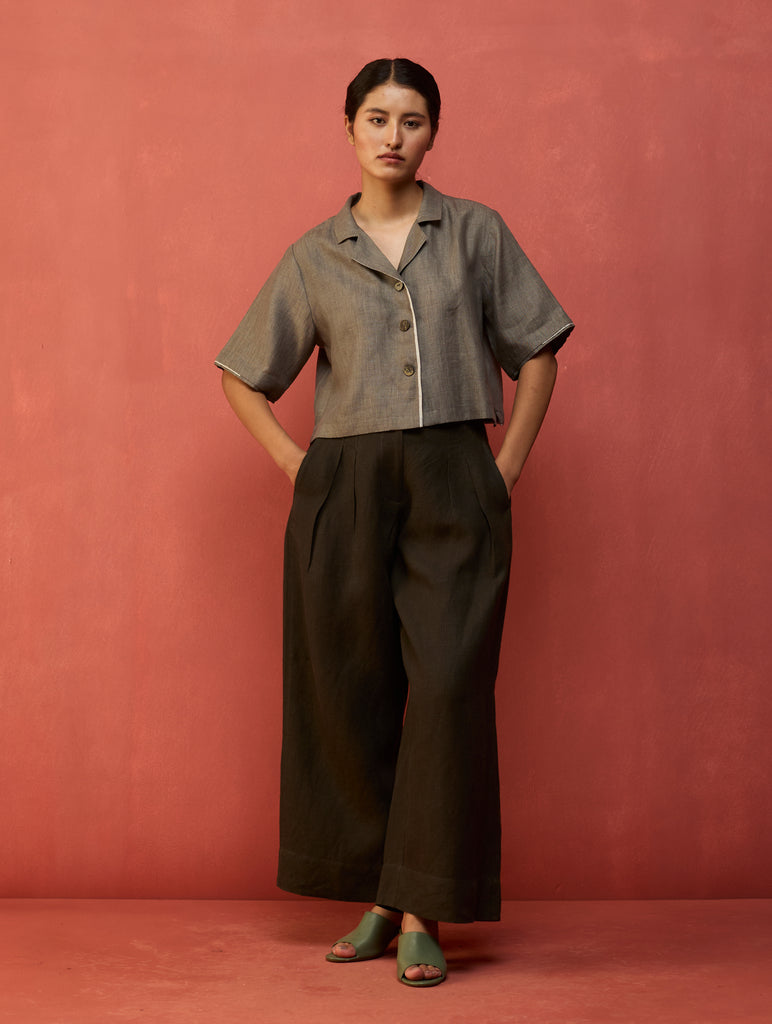 Kiera Cuban Collar Linen Co-ord Set - Grey