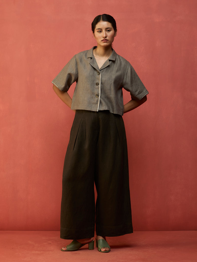 Kiera Cuban Collar Linen Shirt - Grey
