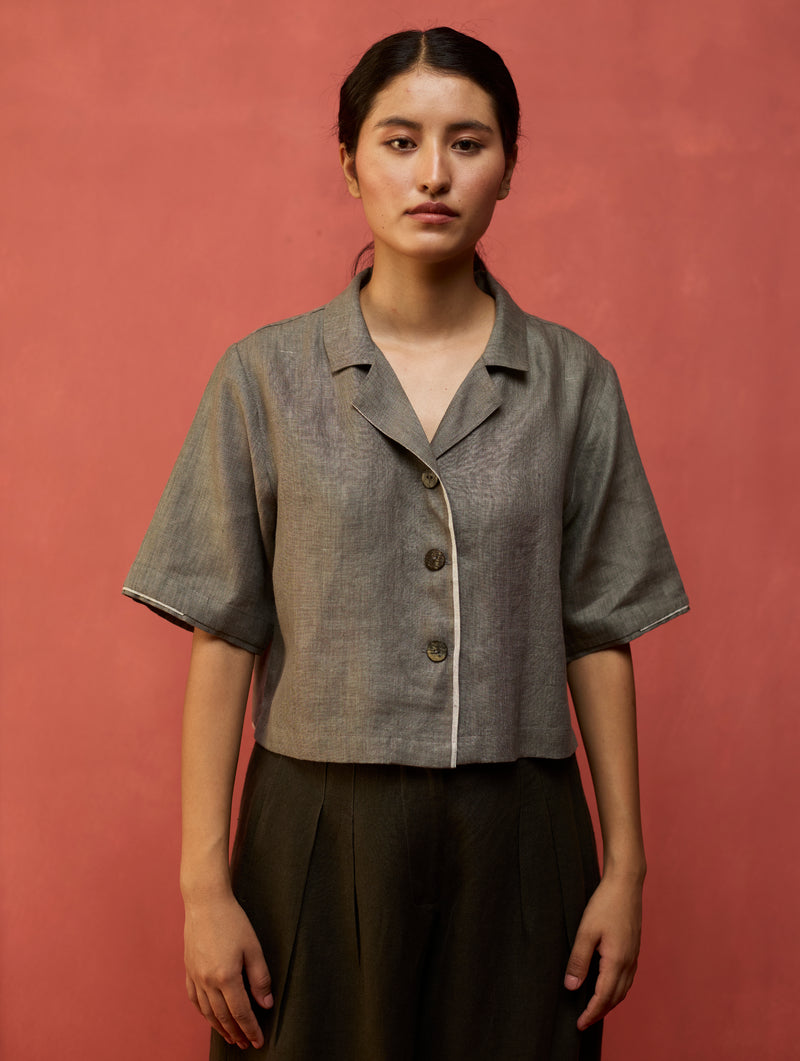 Kiera Cuban Collar Linen Shirt - Grey