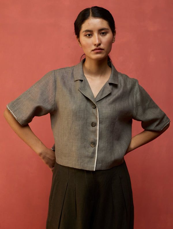 Kiera Cuban Collar Linen Co-ord Set - Grey