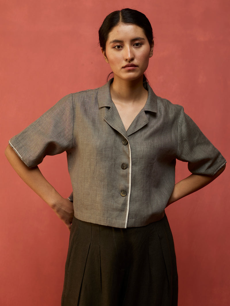 Kiera Cuban Collar Linen Shirt - Grey