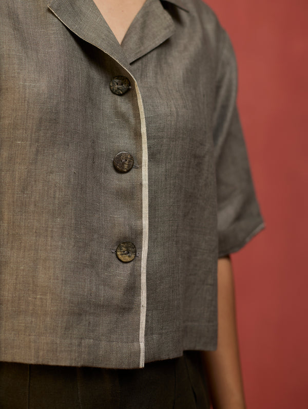 Kiera Cuban Collar Linen Shirt - Grey