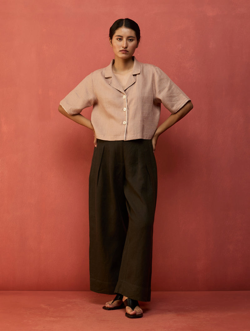 Kiera Cuban Collar Linen Shirt - Dusty Rose