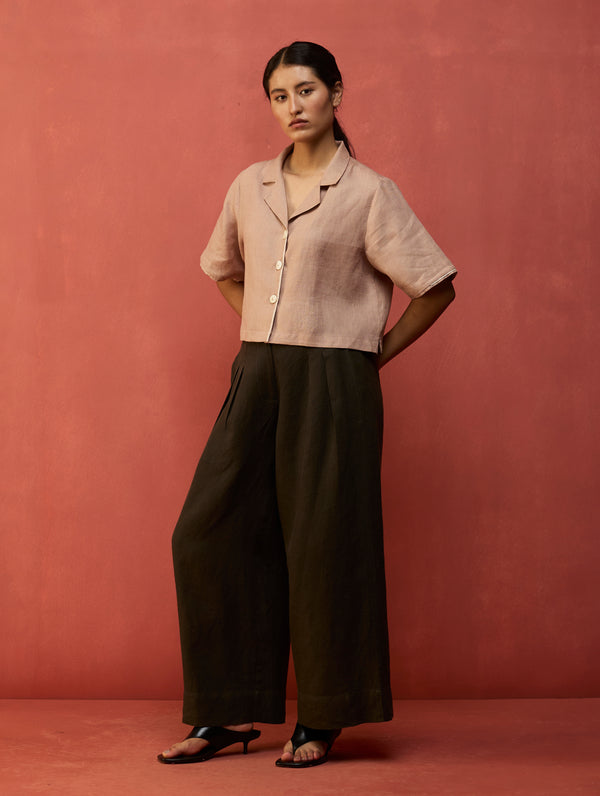 Kiera Cuban Collar Linen Co-ord Set - Dusty Rose