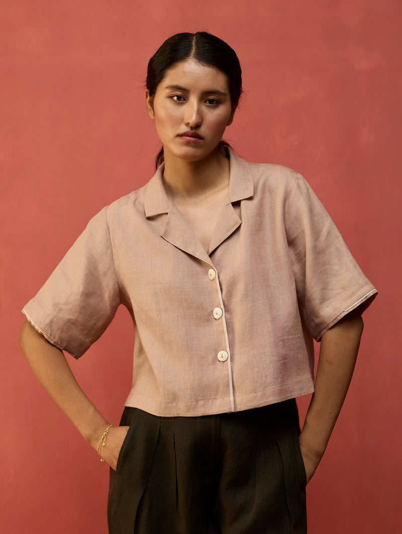 Kiera Cuban Collar Linen Shirt - Dusty Rose