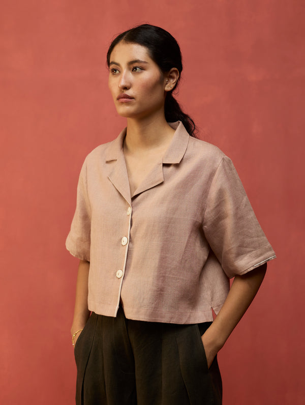 Kiera Cuban Collar Linen Co-ord Set - Dusty Rose