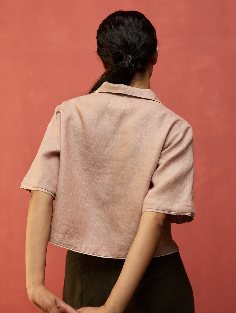Kiera Cuban Collar Linen Shirt - Dusty Rose