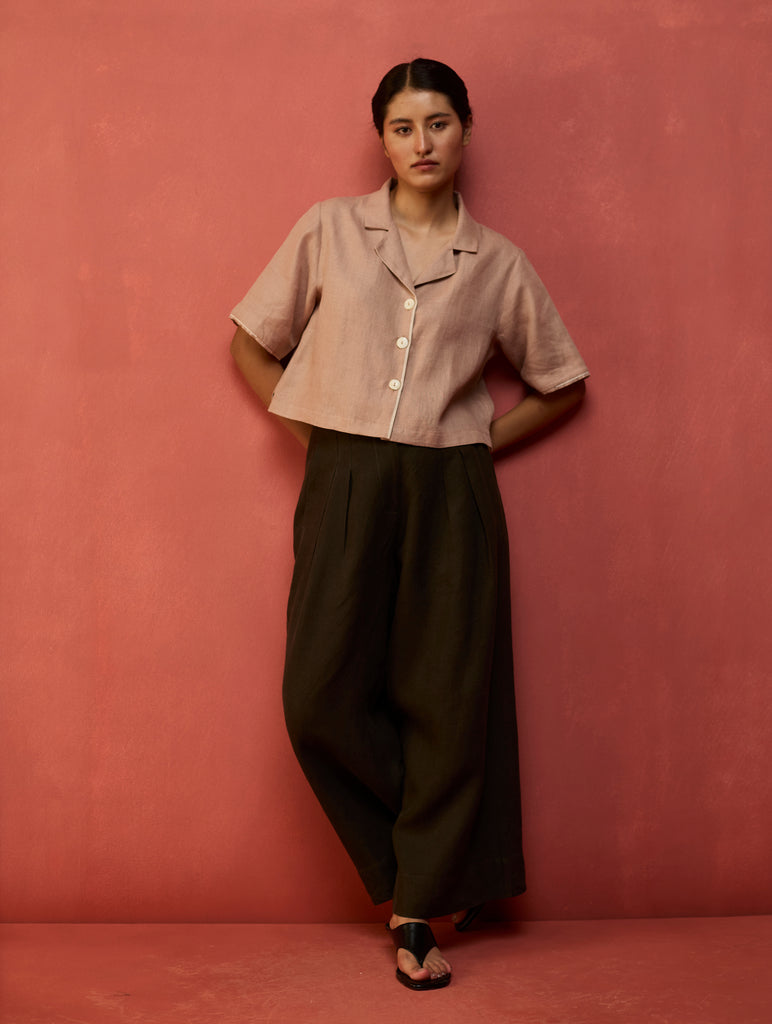 Kiera Cuban Collar Linen Shirt - Dusty Rose