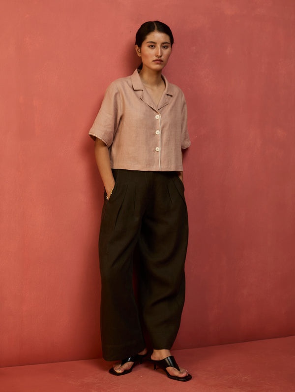 Kiera Cuban Collar Linen Co-ord Set - Dusty Rose