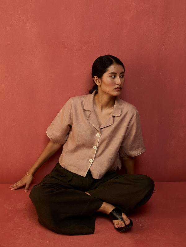 Kiera Cuban Collar Linen Co-ord Set - Dusty Rose