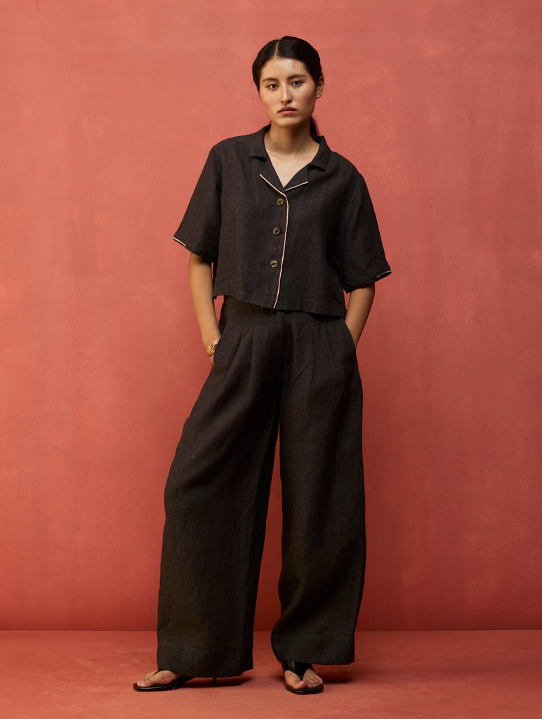 Kiera Cuban Collar Linen Shirt - Charcoal