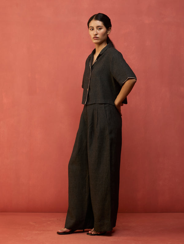 Kiera Cuban Collar Linen Shirt - Charcoal