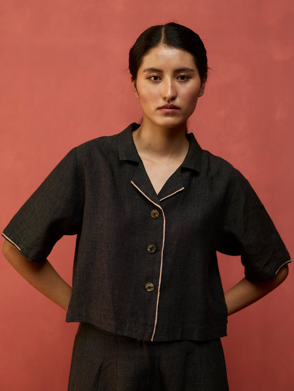 Kiera Cuban Collar Linen Co-ord Set - Charcoal