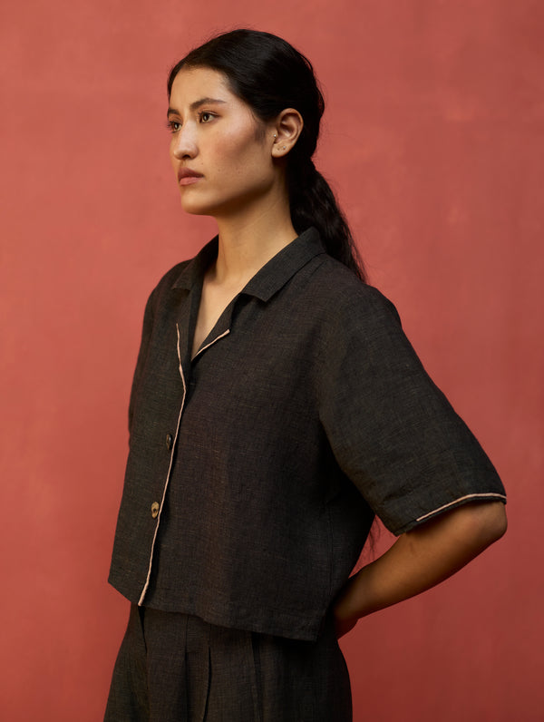 Kiera Cuban Collar Linen Shirt - Charcoal