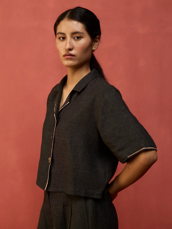 Kiera Cuban Collar Linen Co-ord Set - Charcoal