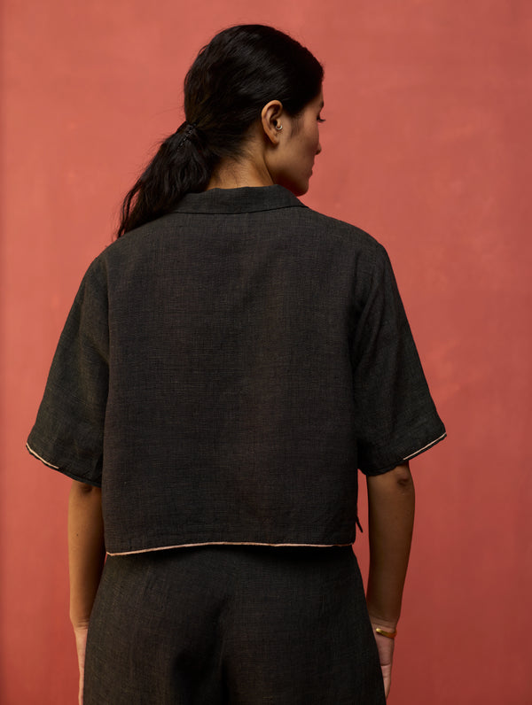 Kiera Cuban Collar Linen Shirt - Charcoal