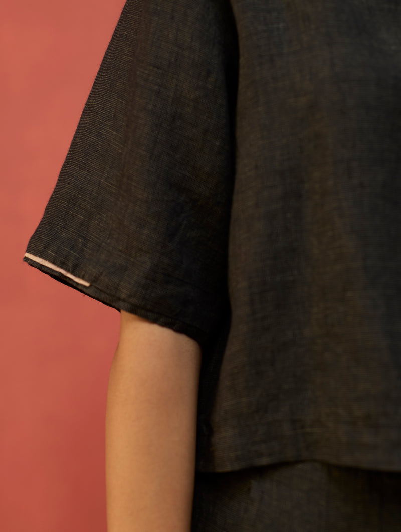 Kiera Cuban Collar Linen Shirt - Charcoal