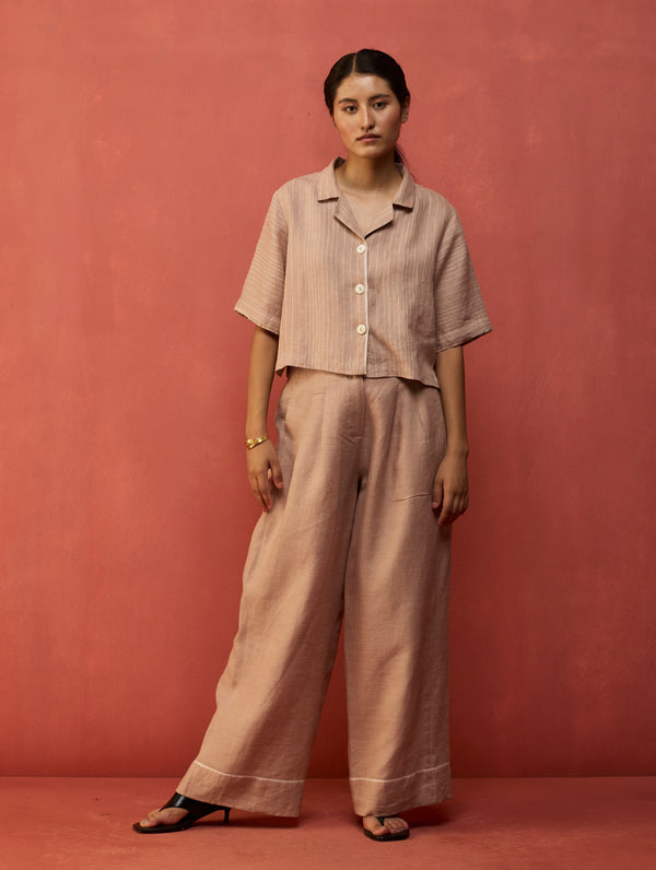 Kiera Cuban Collar Stripe Linen Shirt - Dusty Rose