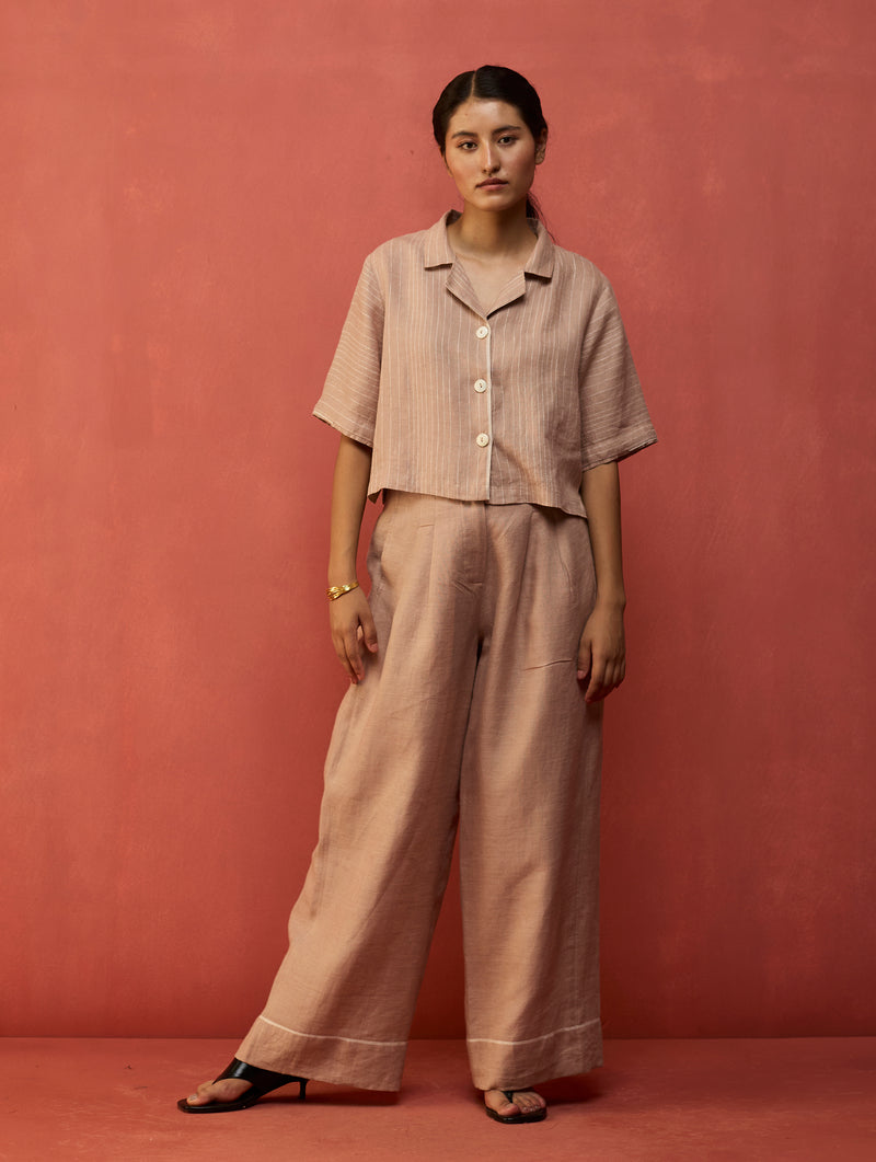 Kiera Cuban Collar Stripe Linen Shirt - Dusty Rose