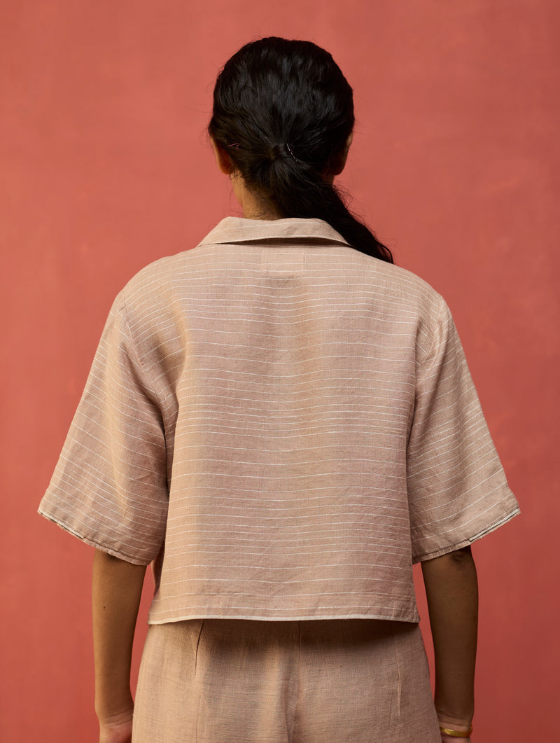 Kiera Cuban Collar Stripe Linen Shirt - Dusty Rose