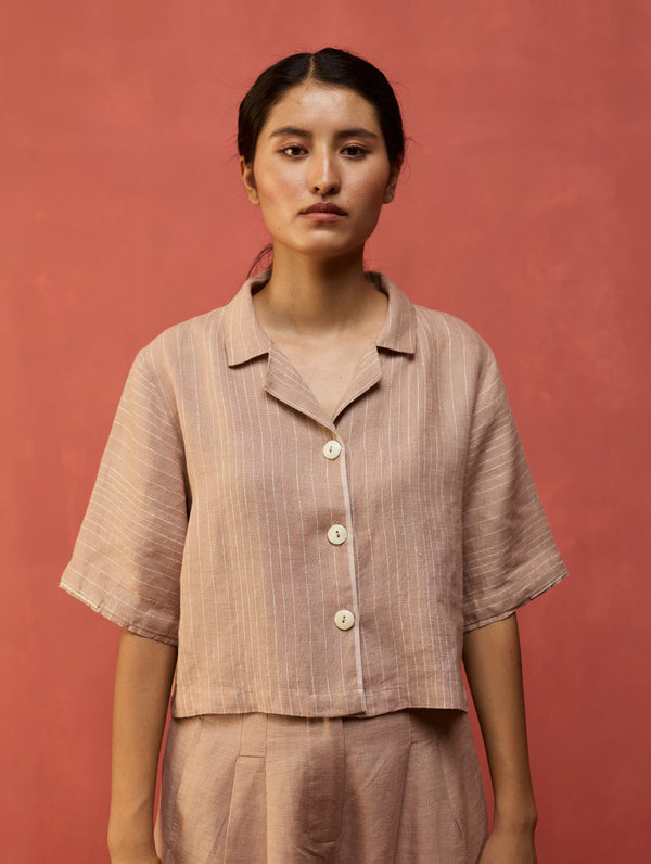 Kiera Cuban Collar Stripe Linen Shirt - Dusty Rose