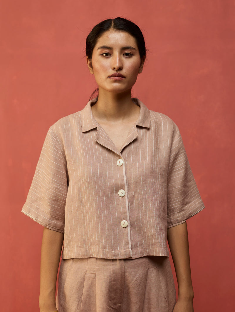 Kiera Cuban Collar Stripe Linen Shirt - Dusty Rose