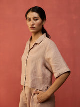 Kiera Cuban Collar Stripe Linen Shirt - Dusty Rose