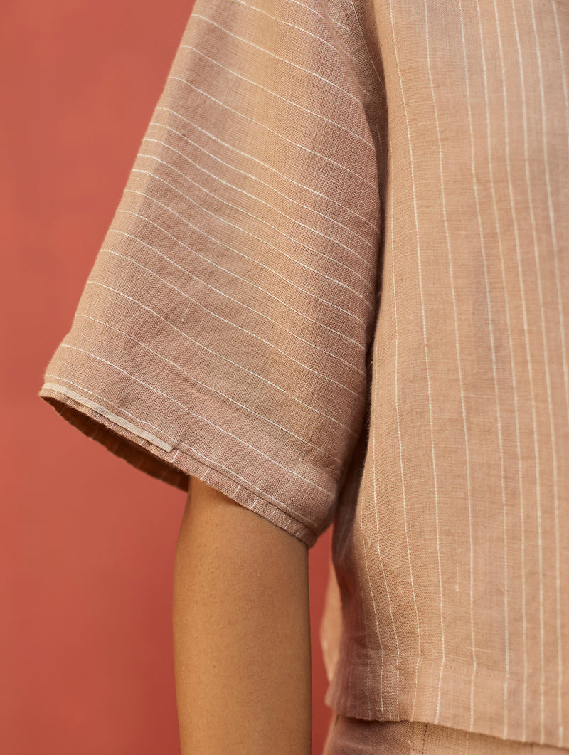 Kiera Cuban Collar Stripe Linen Shirt - Dusty Rose
