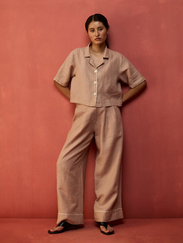 Kiera Cuban Collar Stripe Linen Co-ord Set - Dusty Rose