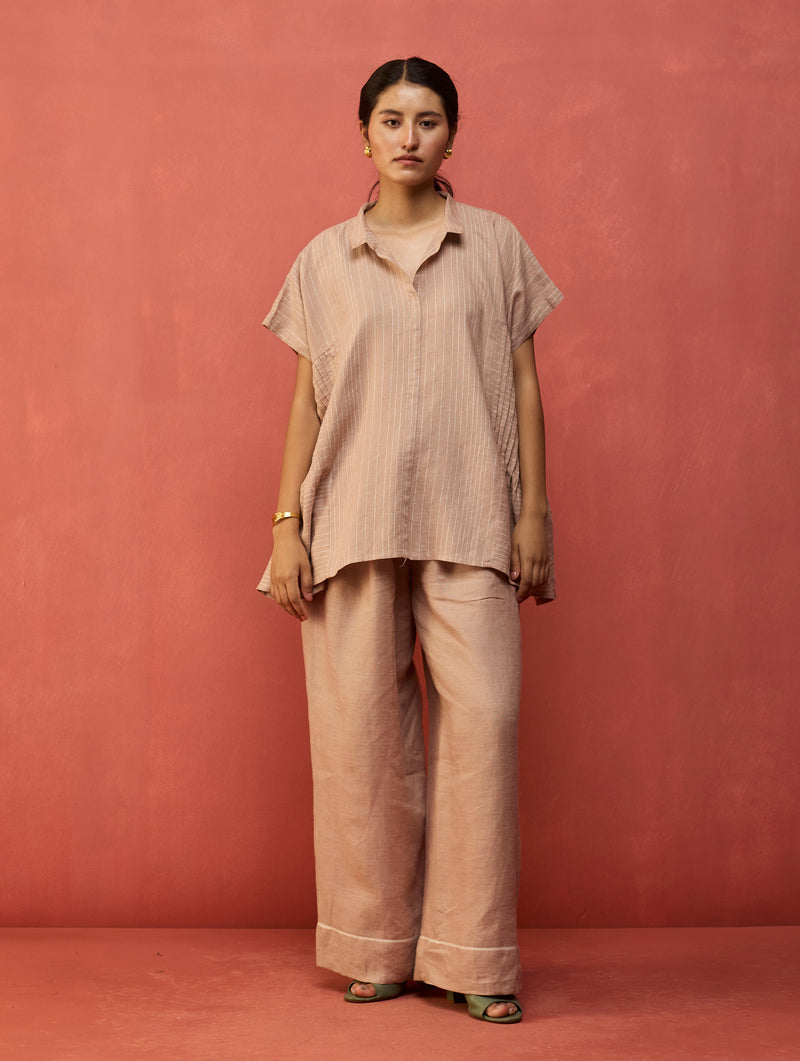 Bonnie Pleated Stripe Linen Top - Dusty Rose