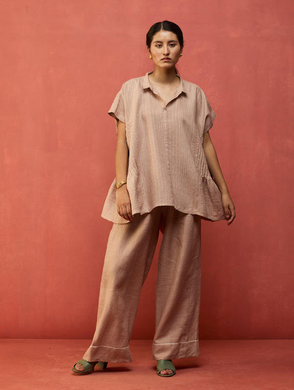 Bonnie Pleated Stripe Linen Top - Dusty Rose