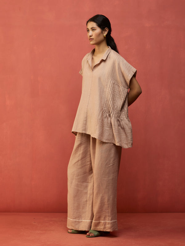 Bonnie Pleated Stripe Linen Top - Dusty Rose
