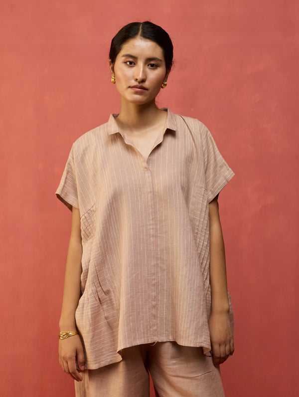 Bonnie Pleated Stripe Linen Top - Dusty Rose