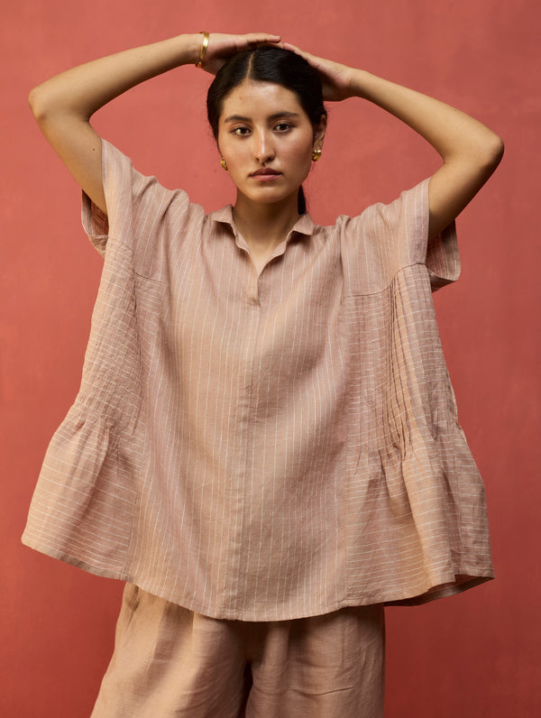 Bonnie Pleated Stripe Linen Top - Dusty Rose