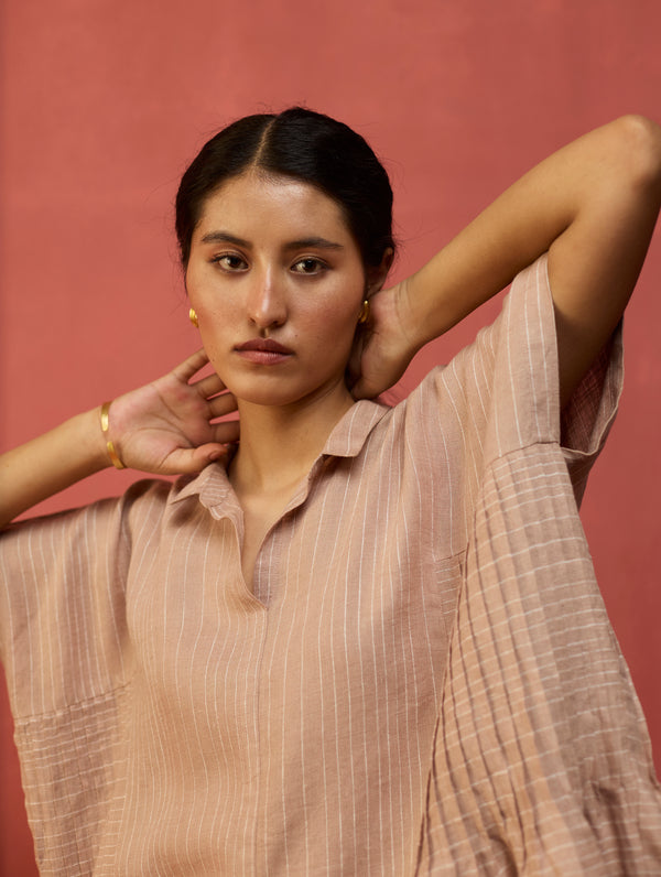 Bonnie Pleated Stripe Linen Top - Dusty Rose