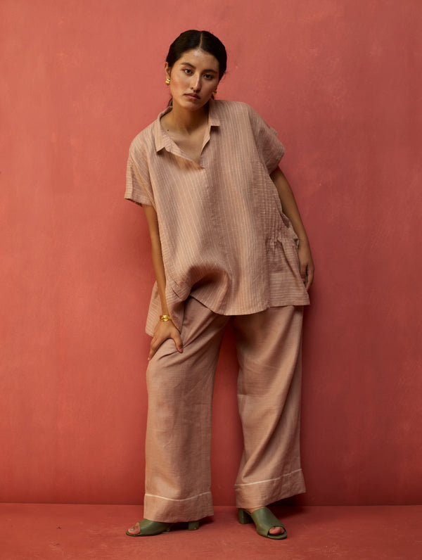 Bonnie Pleated Stripe Linen Top - Dusty Rose