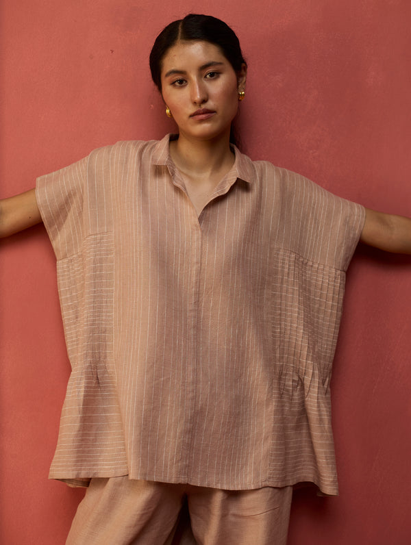 Bonnie Pleated Stripe Linen Top - Dusty Rose