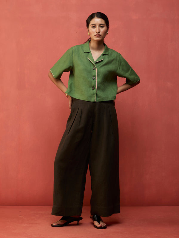 Kiera Cuban Collar Linen Shirt - Fern Green