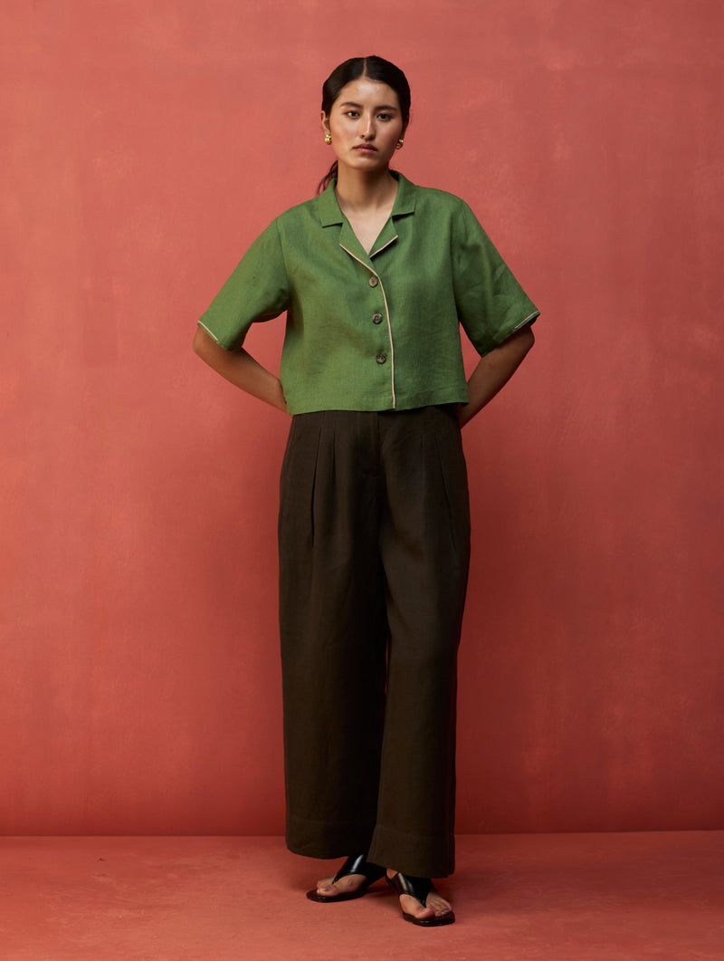 Kiera Cuban Collar Linen Co-ord Set - Fern Green