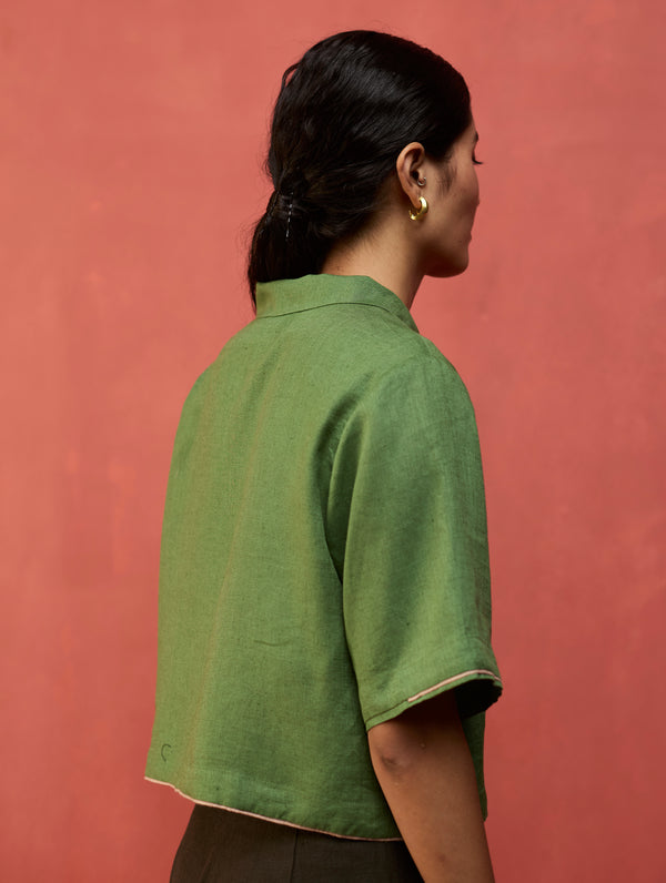 Kiera Cuban Collar Linen Shirt - Fern Green