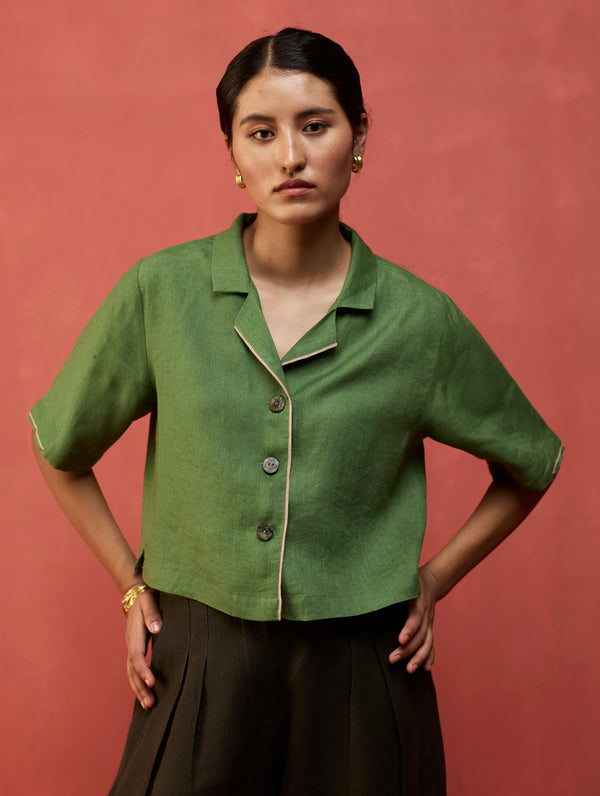 Kiera Cuban Collar Linen Shirt - Fern Green