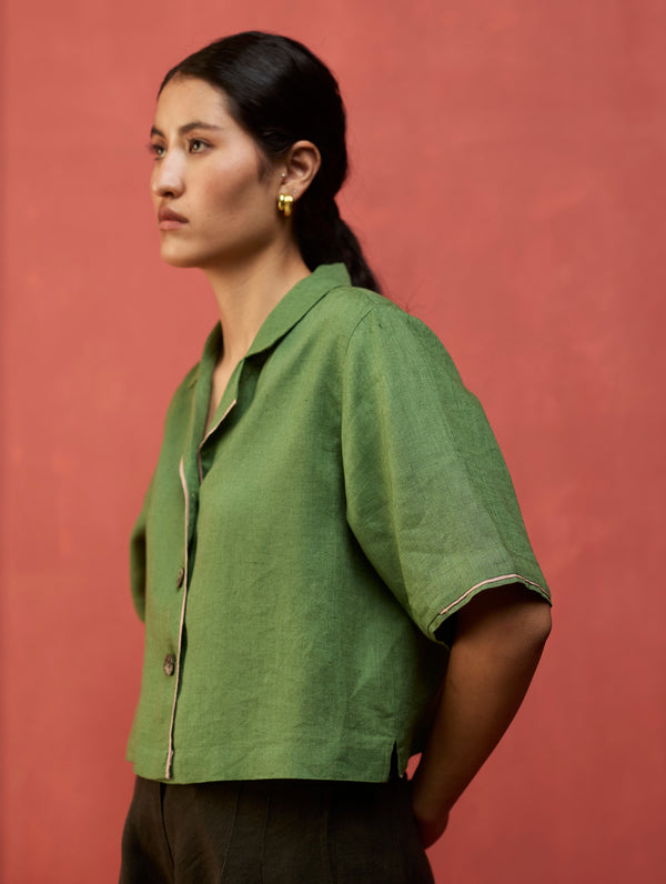 Kiera Cuban Collar Linen Shirt - Fern Green