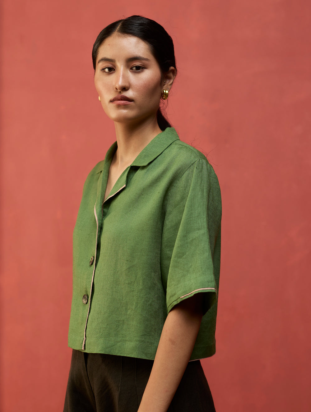 Kiera Cuban Collar Linen Shirt - Fern Green