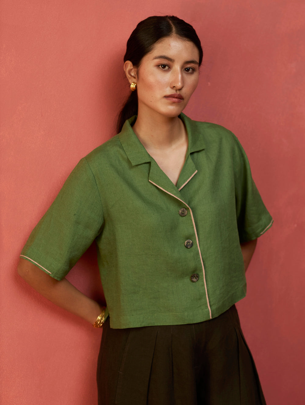 Kiera Cuban Collar Linen Shirt - Fern Green