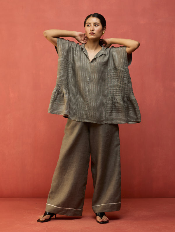 Bonnie Pleated Stripe Linen Co-ord Set - Grey