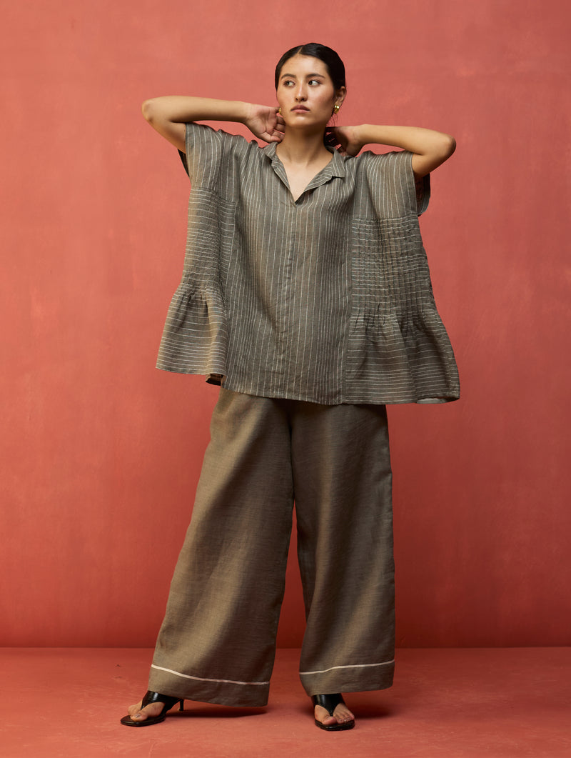 Bonnie Pleated Stripe Linen Co-ord Set - Grey