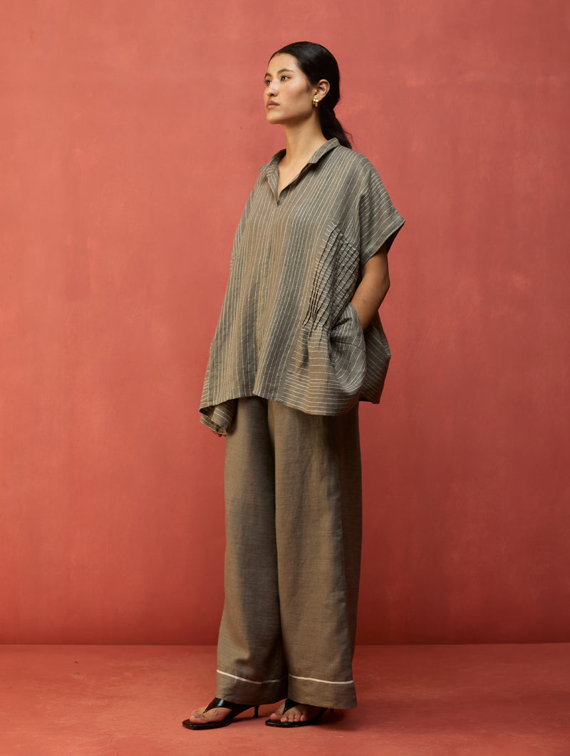 Bonnie Pleated Stripe Linen Co-ord Set - Grey