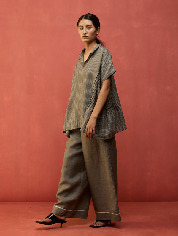 Bonnie Pleated Stripe Linen Co-ord Set - Grey