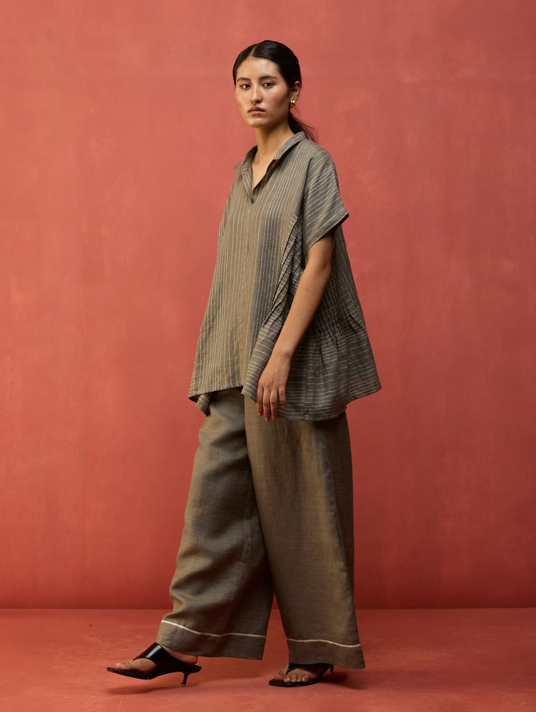 Bonnie Pleated Stripe Linen Co-ord Set - Grey