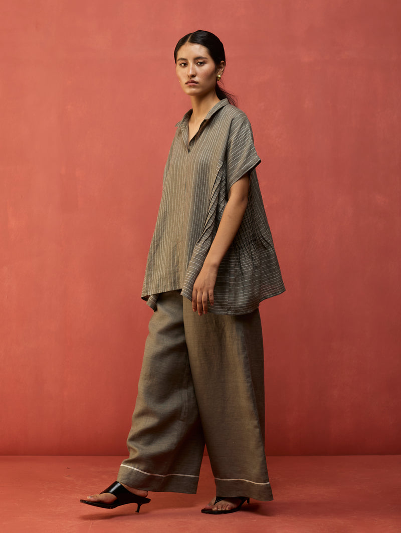 Bonnie Pleated Stripe Linen Co-ord Set - Grey